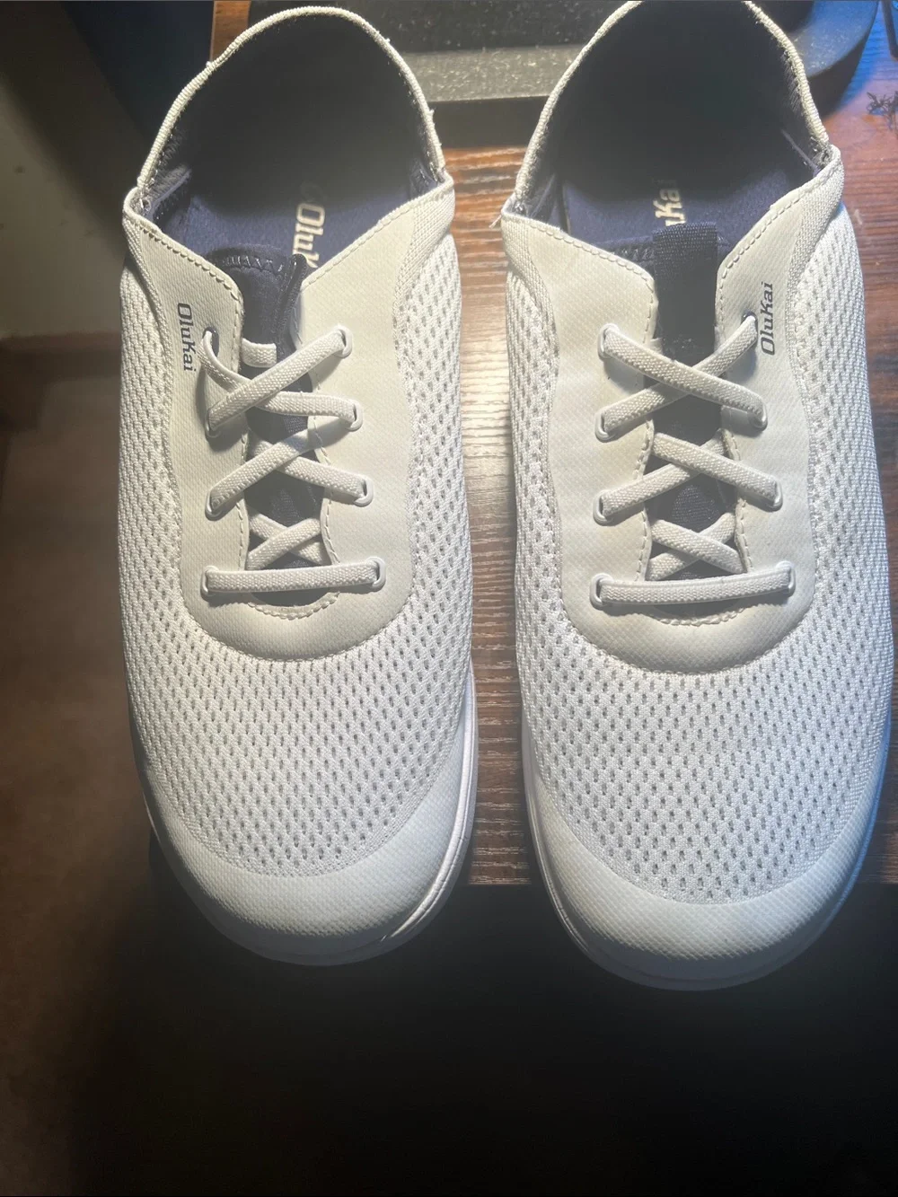 OluKai Men's White Mesh Slip-On Sneakers with Navy Lining